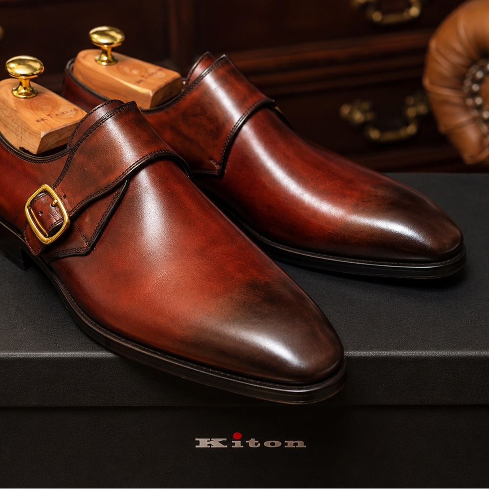 Kiton Bespoke Monk Strap Cognac Shoes | Hand-sewn and Burnished IT8 US9 EU42